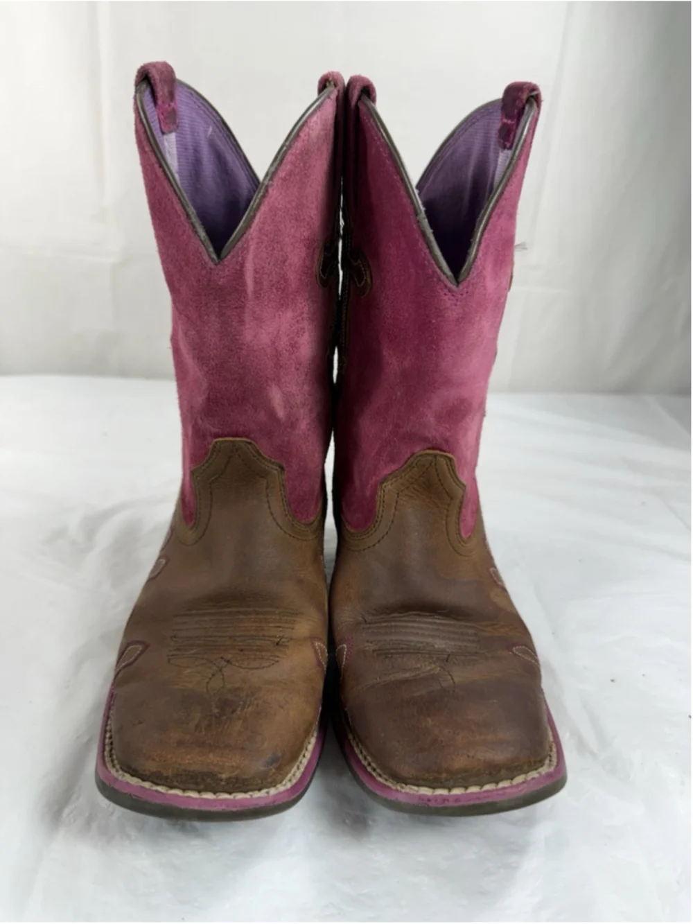 Girls US 1.5 Ariat Kid's Boots Crossroads Distressed Brown Fuschia Crosses
